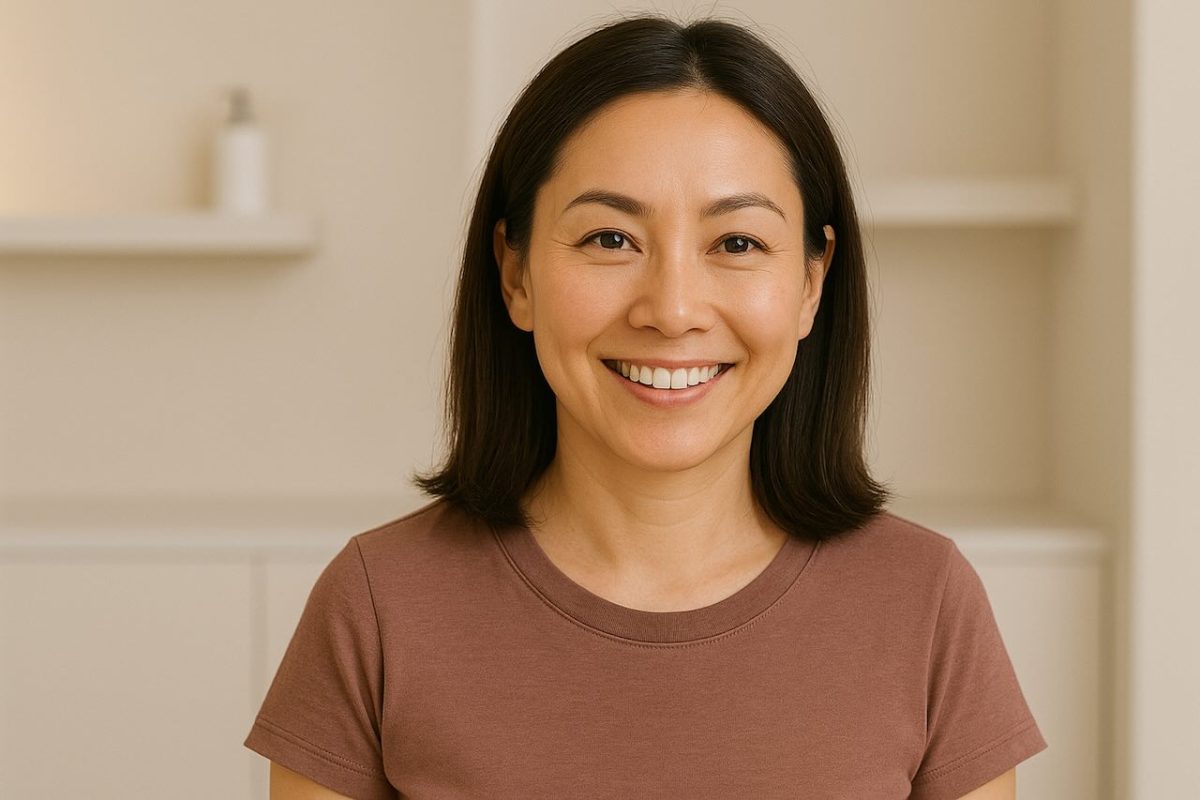 A smiling Asian woman with lifted brows and smooth skin after a brow lift treatment