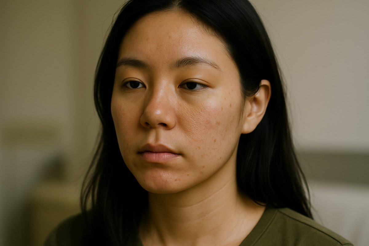 Woman with acne marks and uneven skin tone before laser treatment.