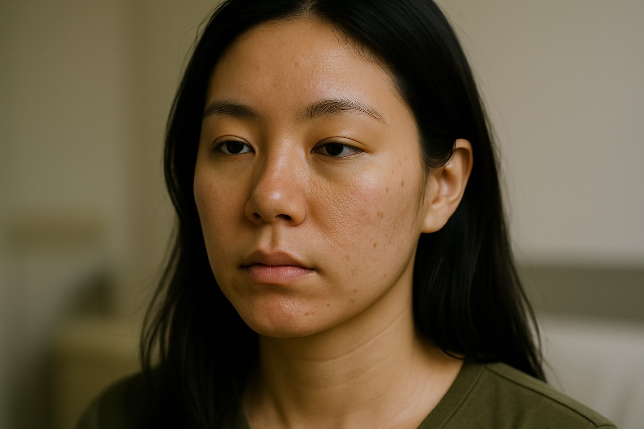 Woman with acne marks and uneven skin tone before laser treatment.