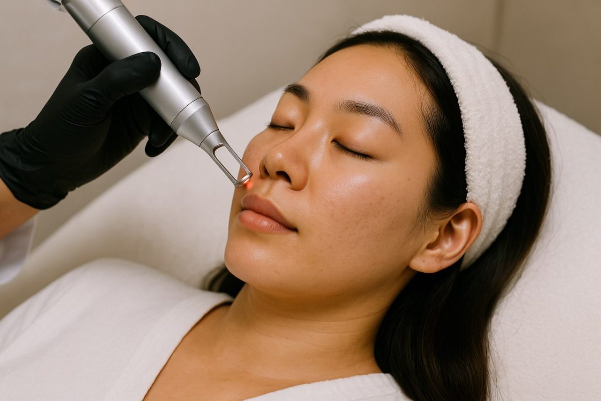 Woman receiving Pico Laser treatment on her face at a clinic.