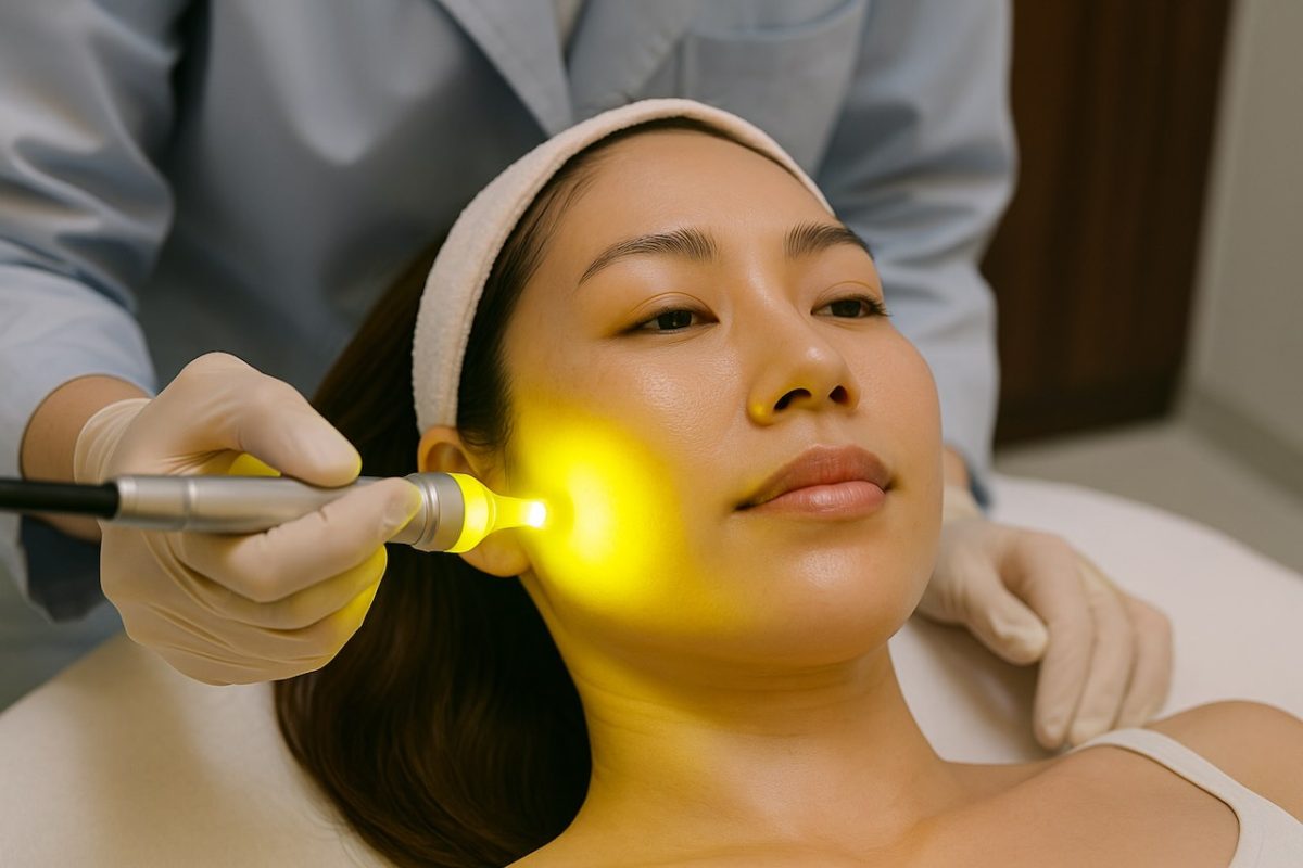 Woman undergoing Dual Yellow Laser facial treatment for brightening.