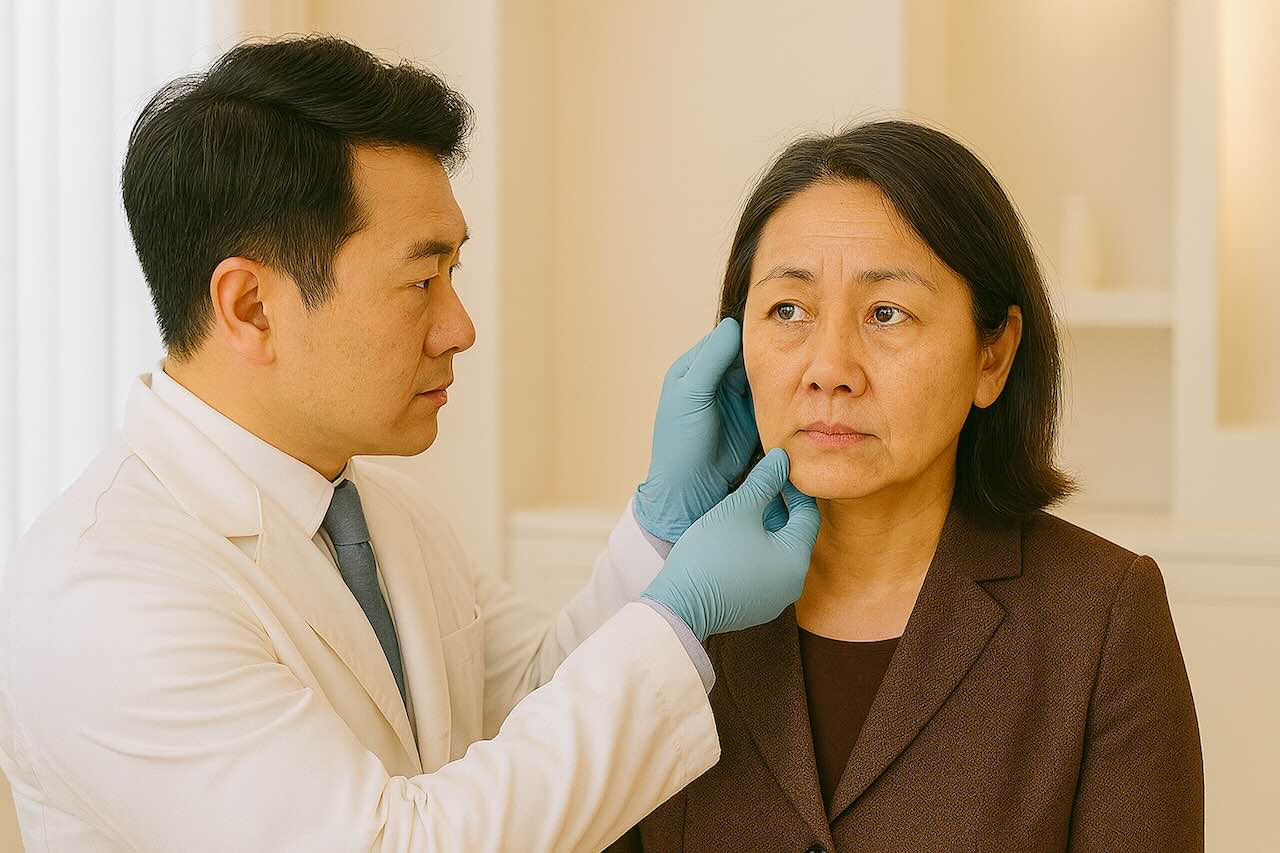 An aesthetic doctor inspecting a mature woman’s face for treatment