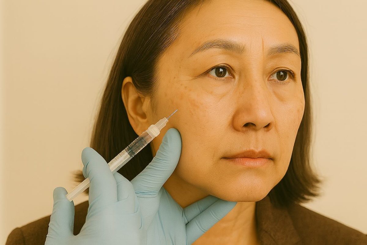 Close up of a mature Asian woman getting a dermal filler injection on her cheek