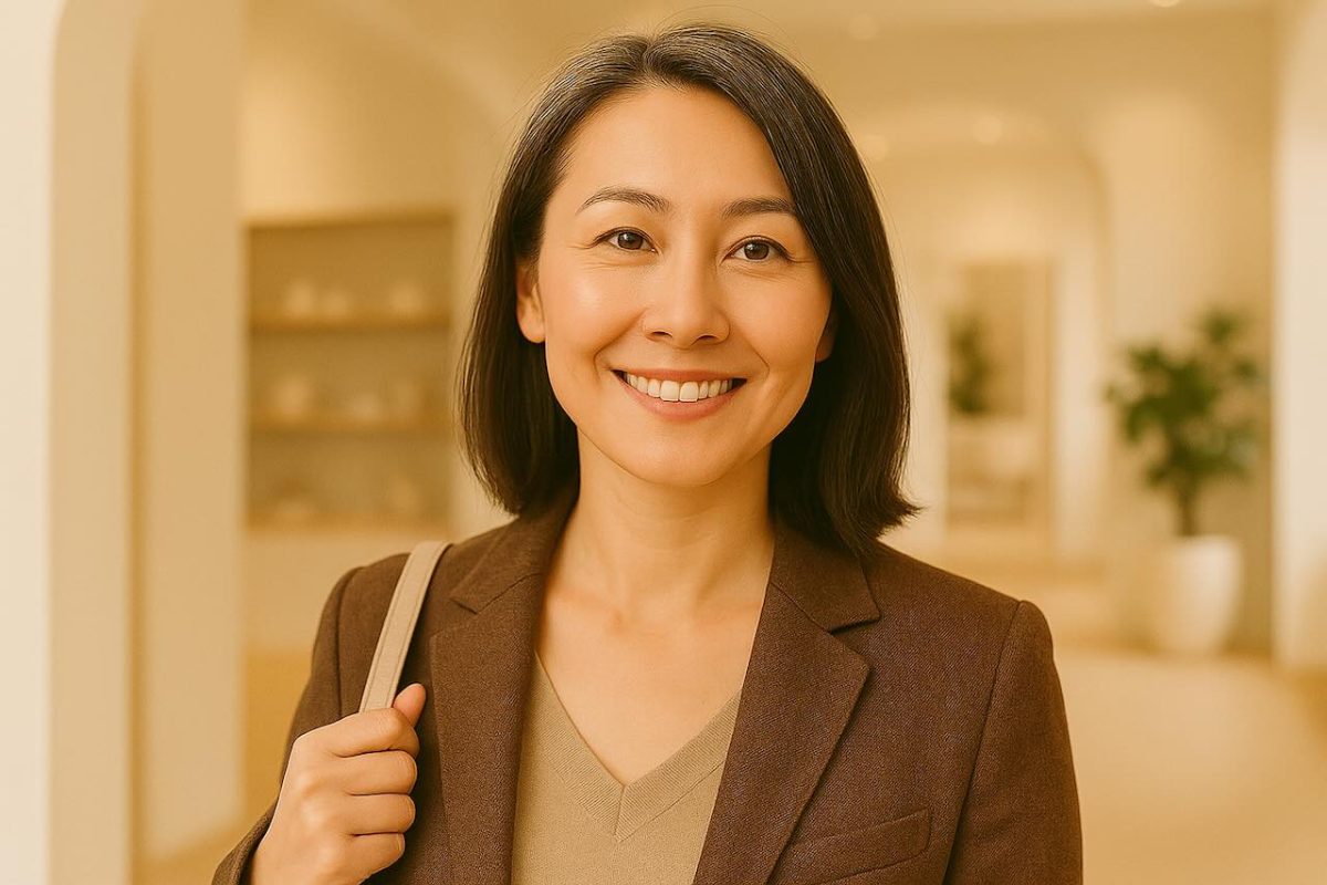 A mature asian woman smiling confidently after her aesthetic treatment