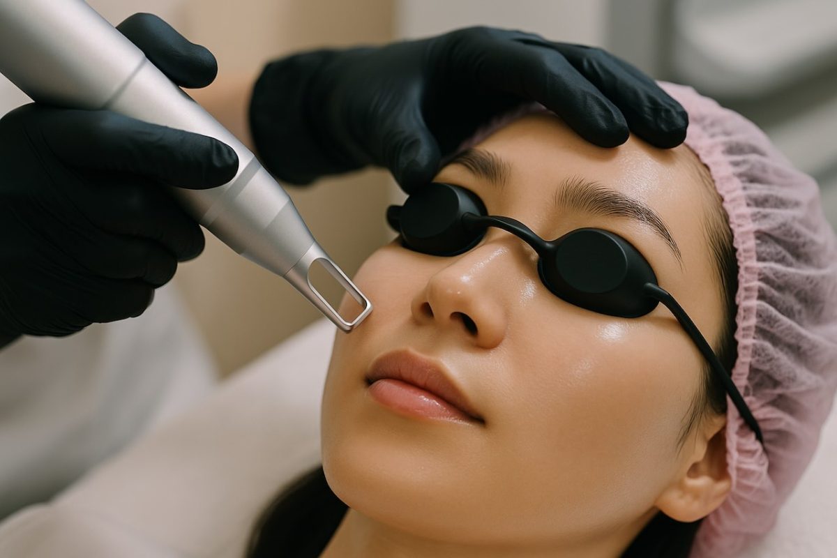 Close-up of a woman receiving pico laser treatment at a dermatology clinic.
