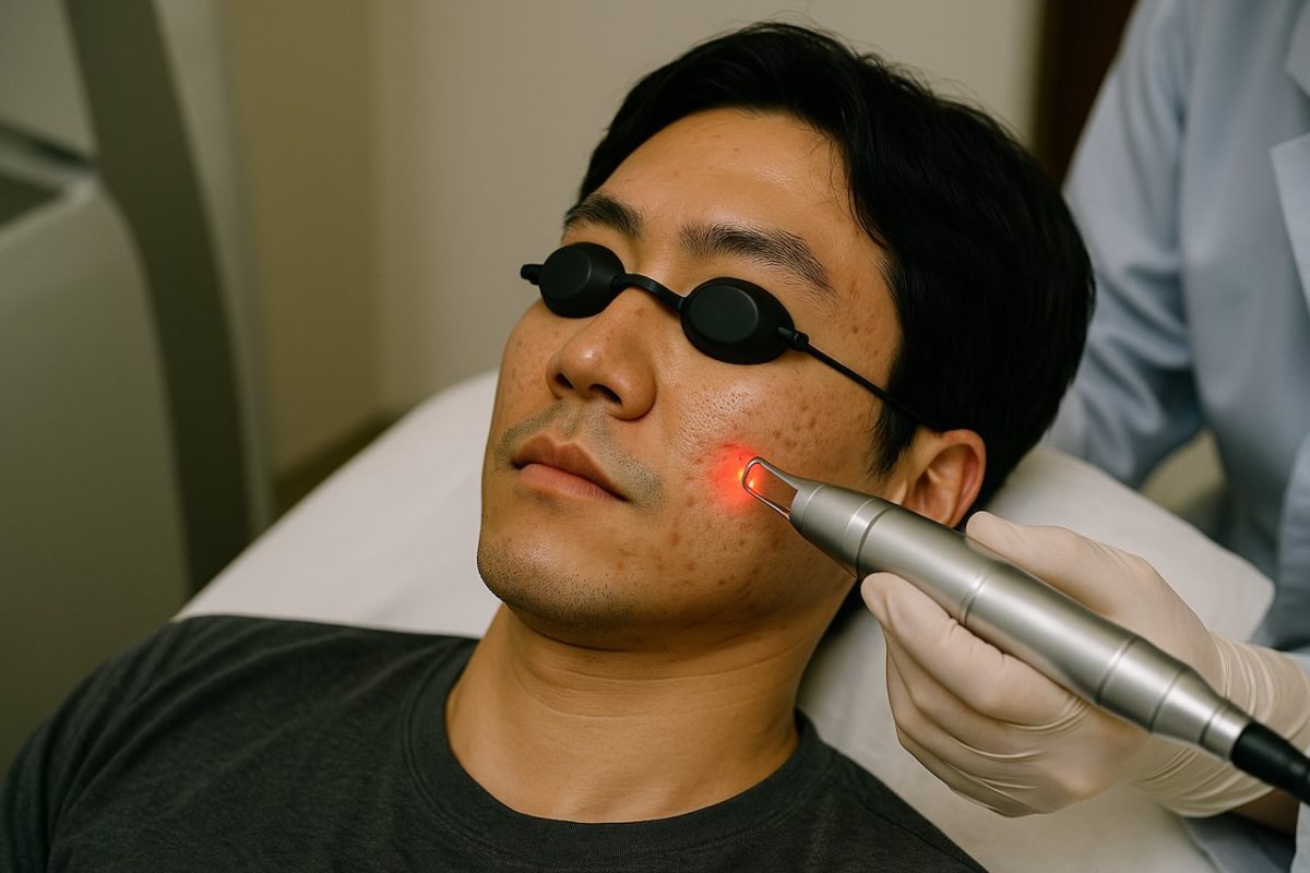 A man receiving a laser treatment on his cheek during a clinical procedure.