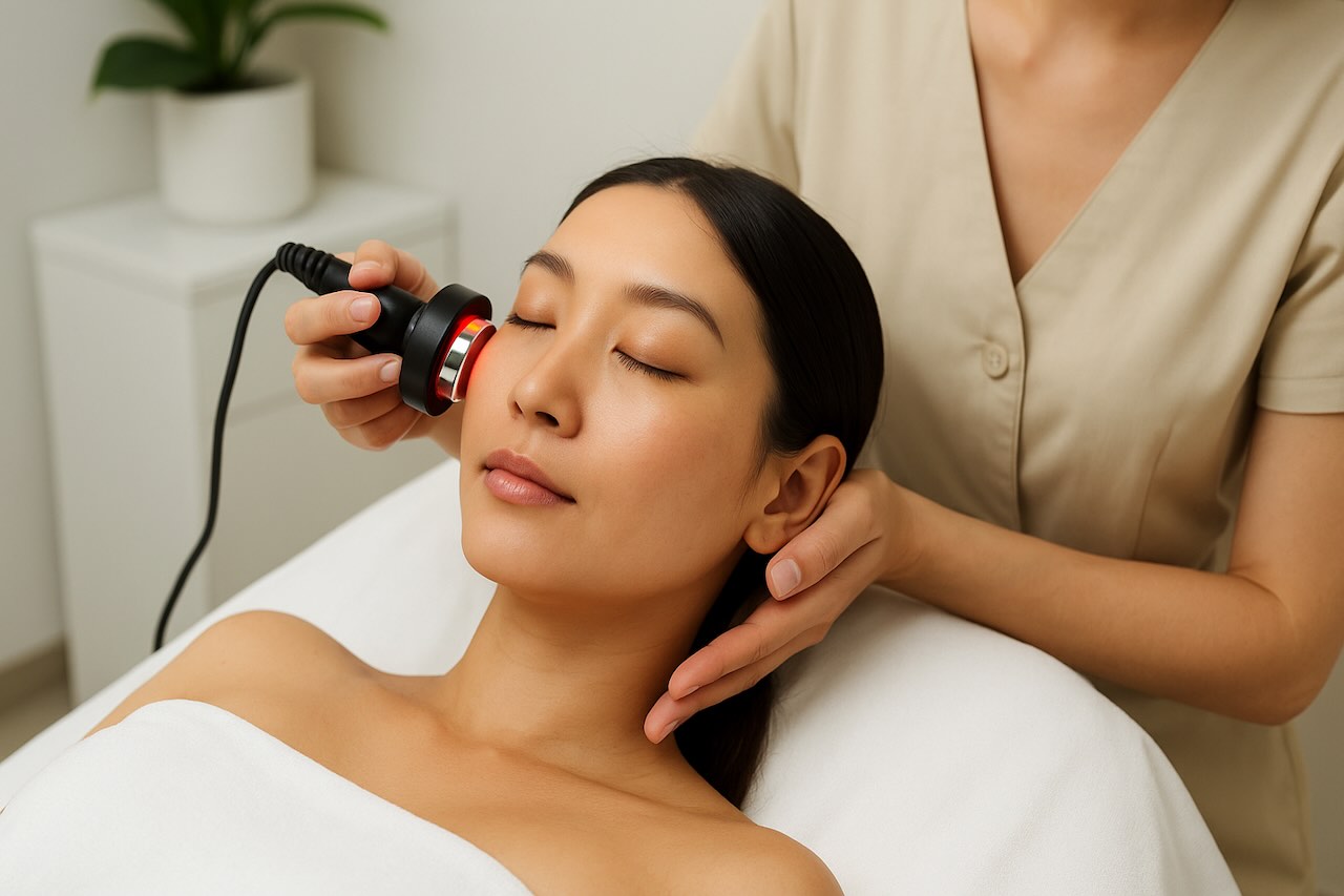 An aesthetician performing laser treatment on a customer