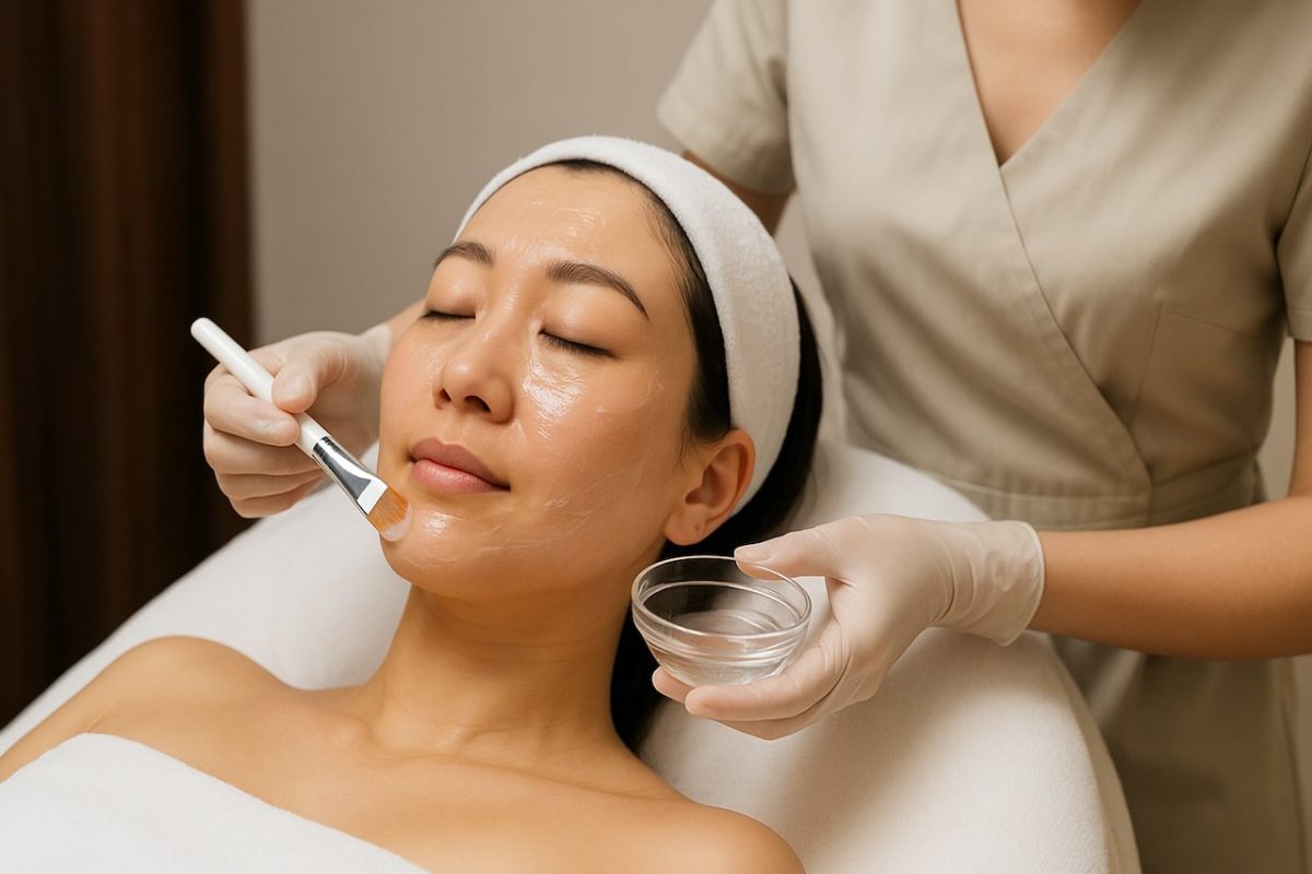 An aesthetician applying facial mask on a customer