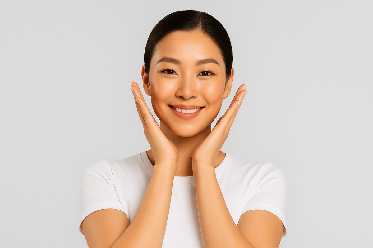 A smiling Asian woman with radiant, youthful skin