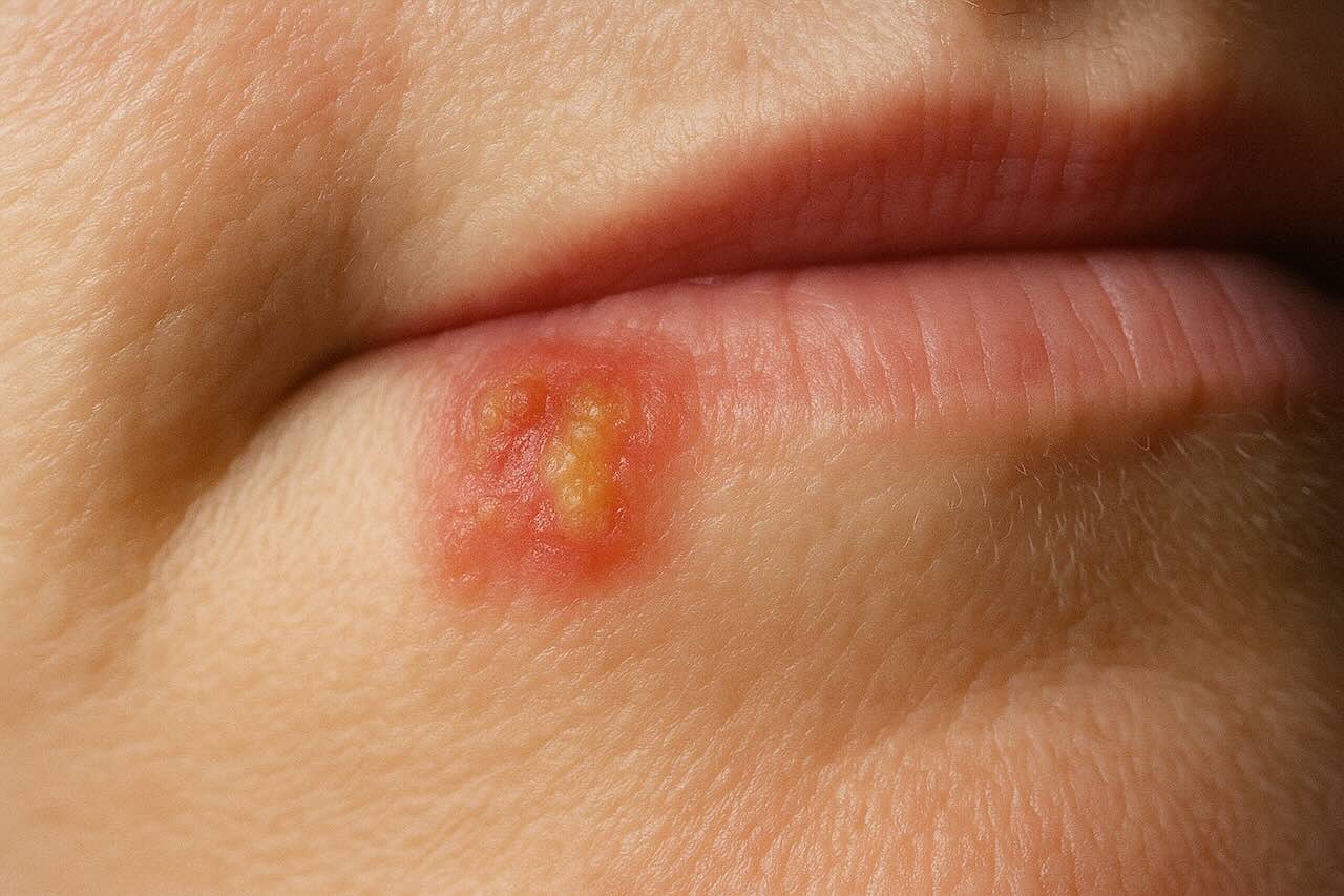 Red blister-like sore at the edge of the lip, typical of an oral herpes (HSV-1) lesion during an active flare-up.