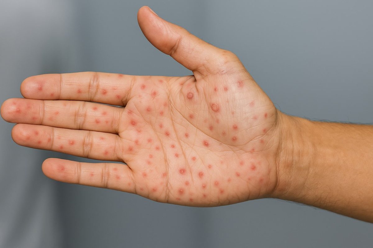 Group of raised blisters on inflamed skin, medically resembling lesions caused by the herpes simplex virus infection.