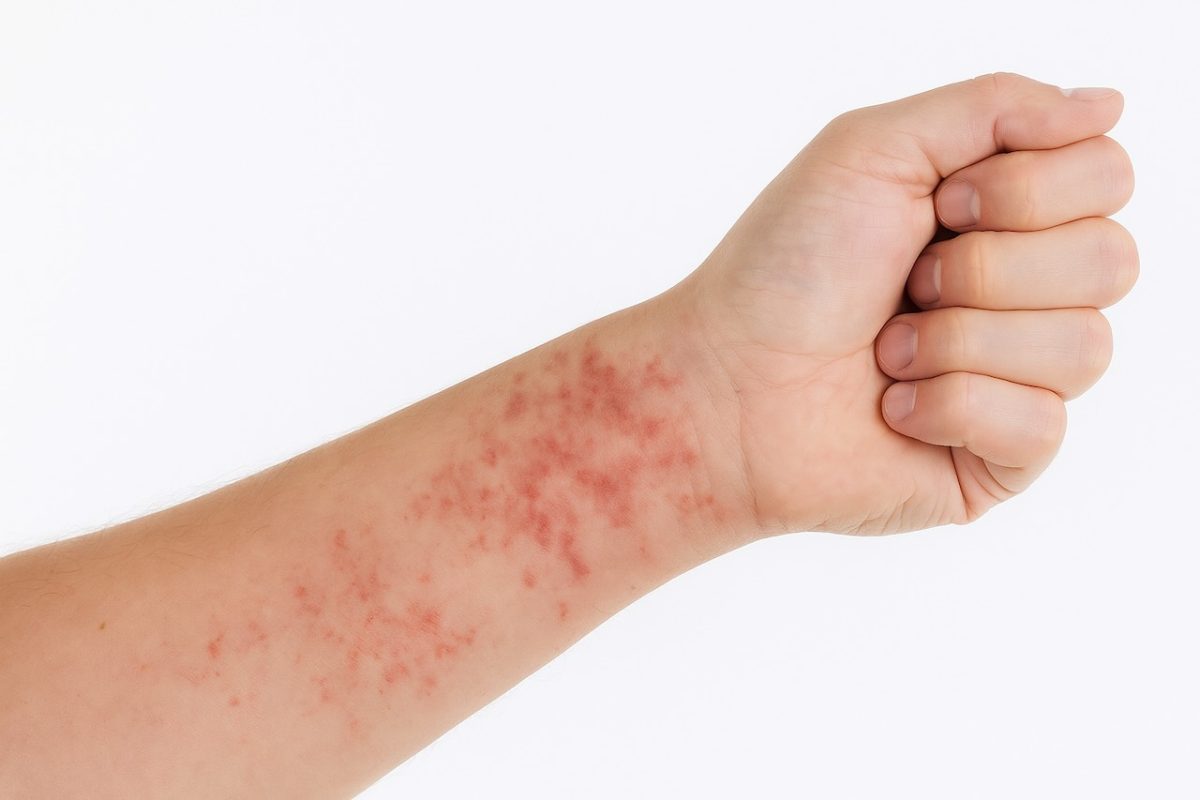 Red rash spots on the forearm skin that may represent irritation linked to an STI-related skin condition.