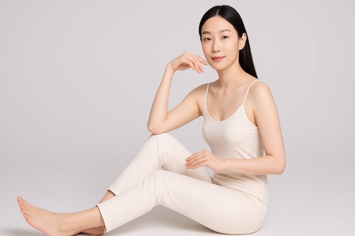 An asian lady with fair skin sitting down on the floor