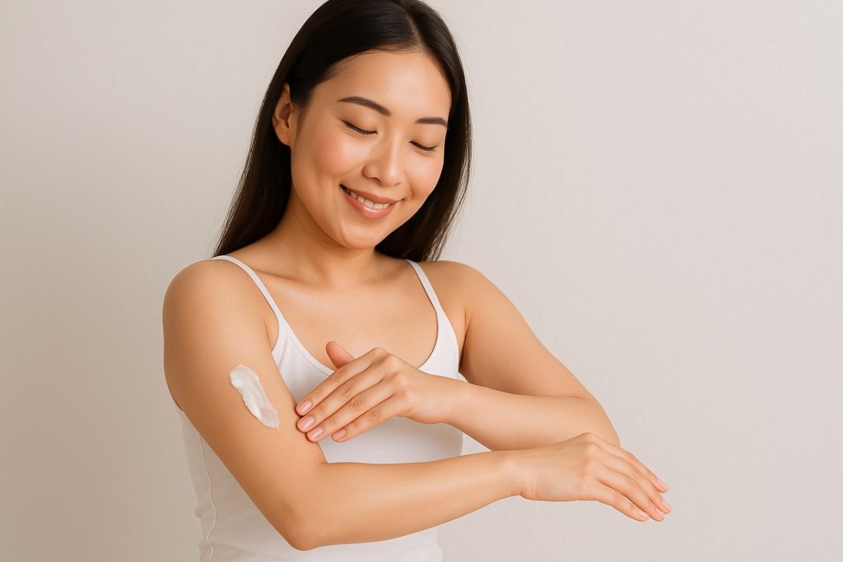 An asian lady applying lotion on her arm