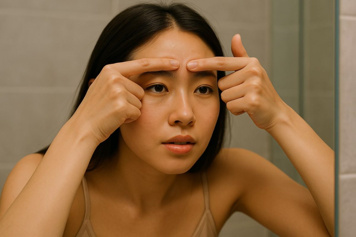 Woman attempting to pop a pimple on her forehead while looking in the bathroom mirror.