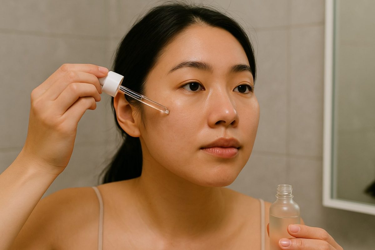 Woman applying facial serum using a dropper as part of her daily acne and skincare routine.