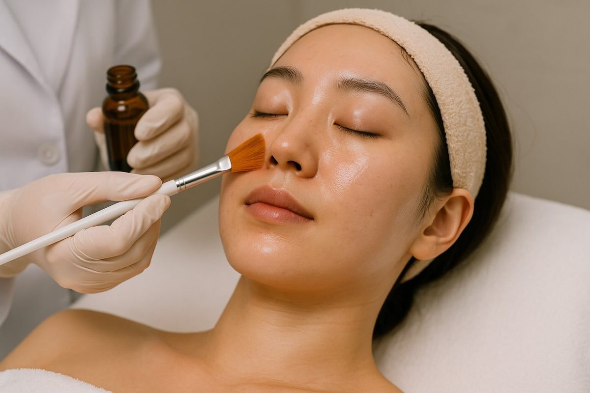 Aesthetician applying chemical peel solution with brush during professional acne treatment session.