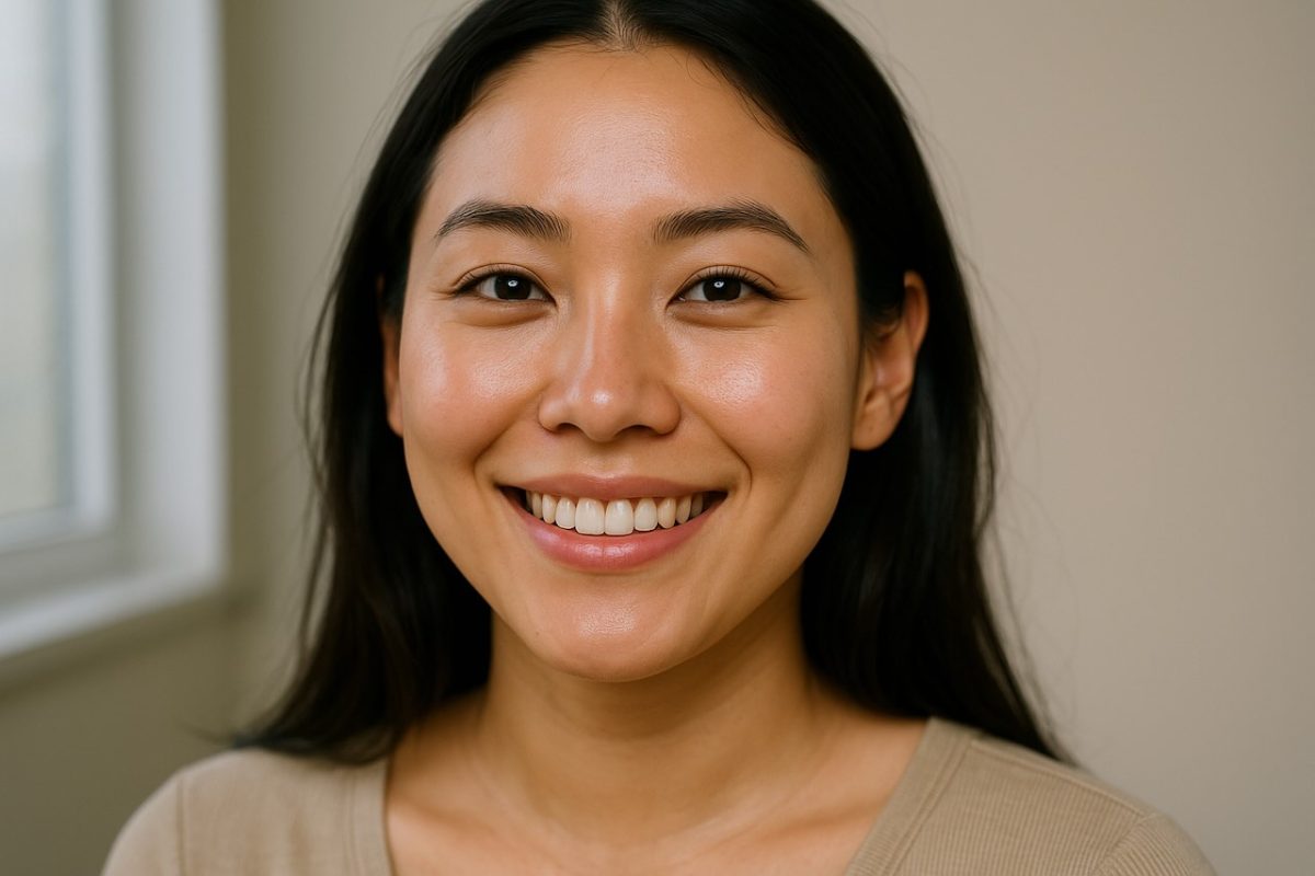 Woman with clear, glowing skin smiling after acne treatment, showing smooth and healthy complexion.