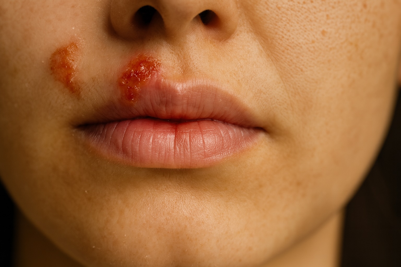 Close-up of red, crusted cold sores around the mouth, showing typical symptoms of a herpes simplex outbreak.