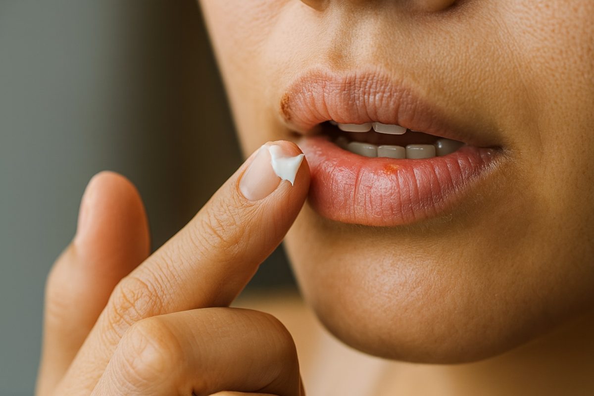 Close-up of a person applying antiviral cream to a cold sore on the lip to soothe pain and speed healing.
