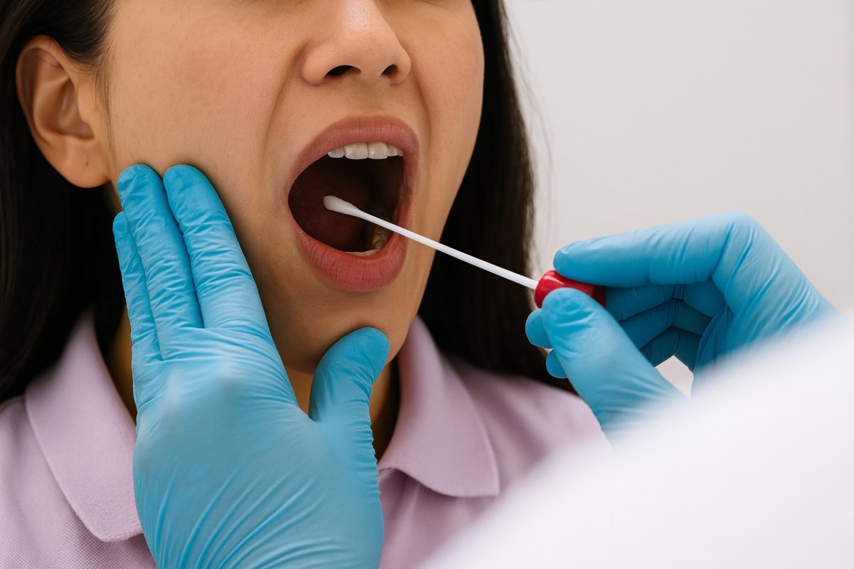 Healthcare provider collecting an oral swab to test for the virus that causes cold sores around the mouth.