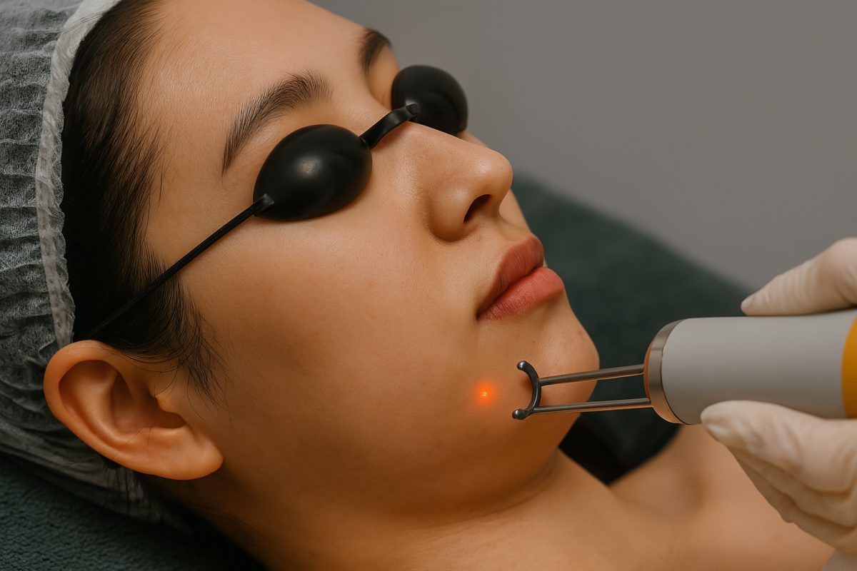 Woman receiving a laser facial treatment to improve dull skin, with protective goggles and a device targeting her cheek.