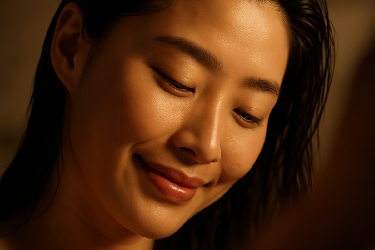 Woman smiling with visibly brighter, smoother skin, showing improvement from previous dullness and uneven texture.