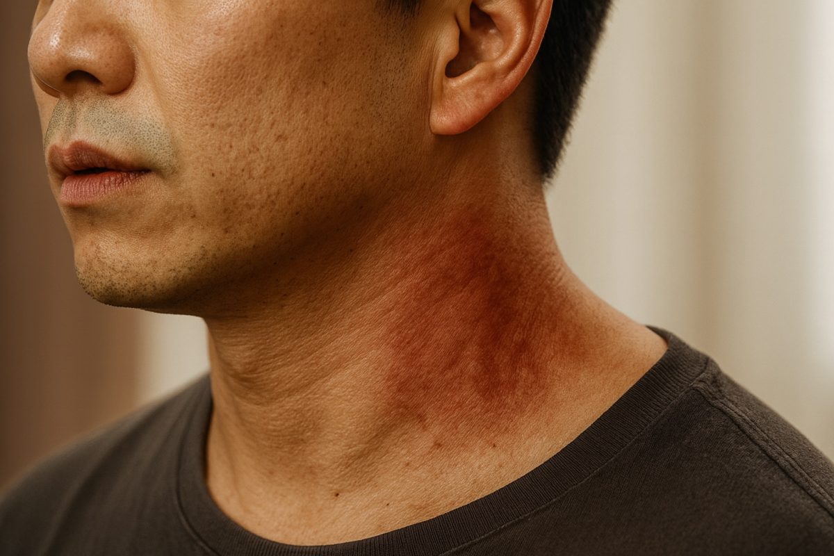 Red irritated rash on a man’s neck that may indicate an STI-related skin reaction or early infection symptom.