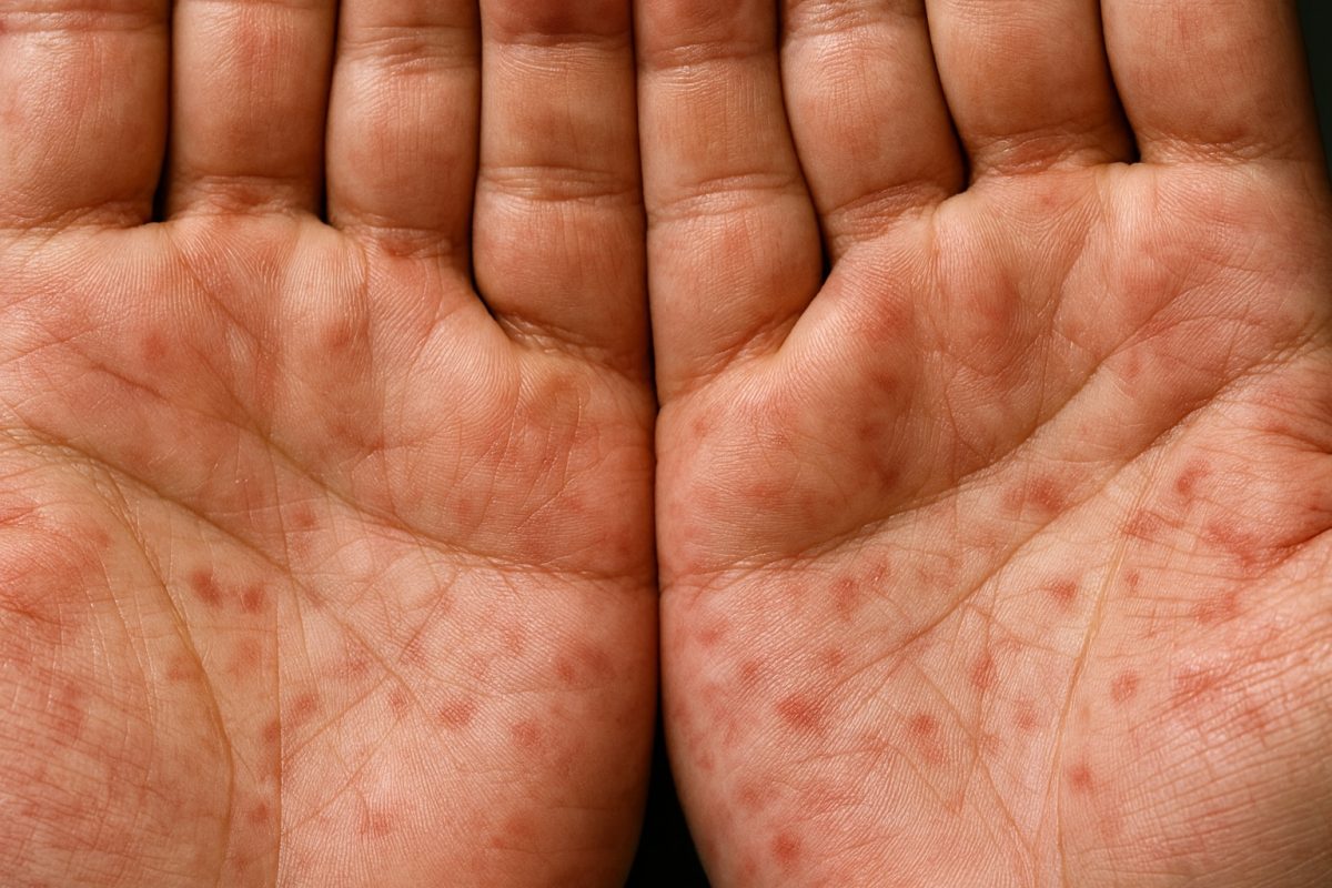 Red spotted rash on both palms, a possible secondary syphilis symptom and an early sign of an STI infection.