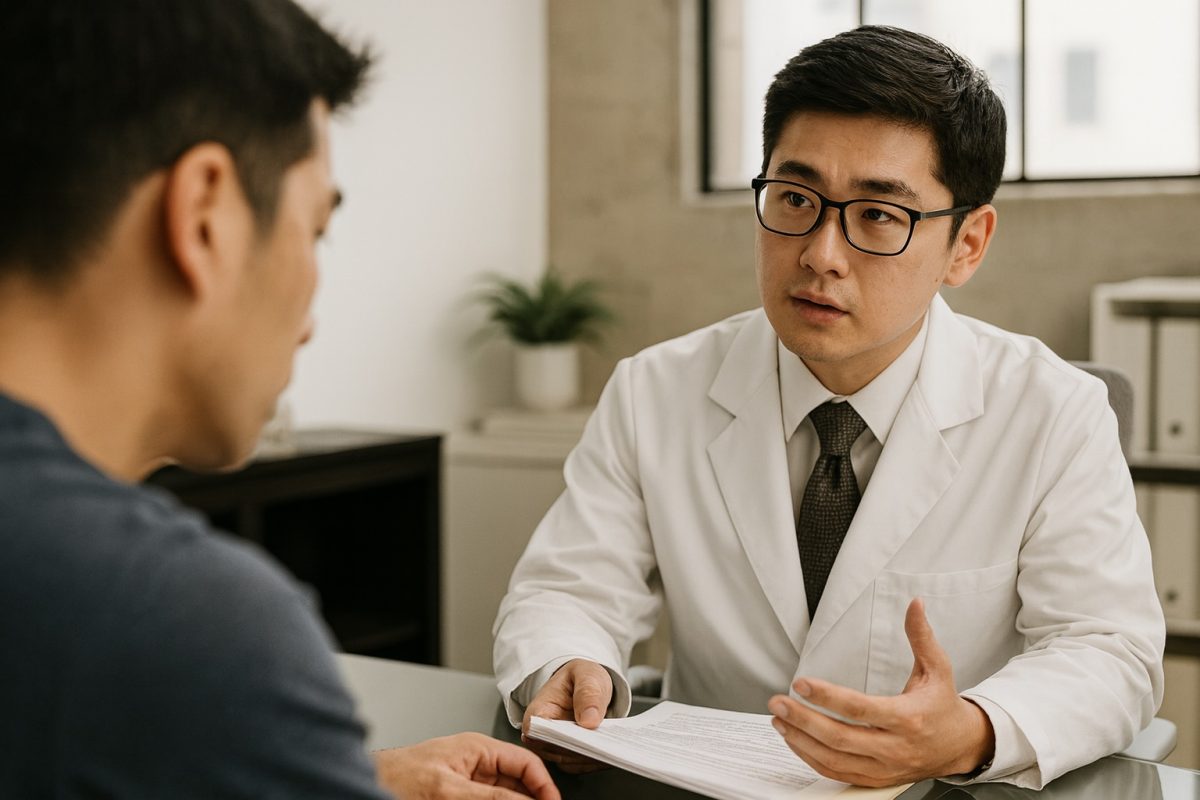 Doctor providing confidential STD and STI consultation to a patient discussing symptoms and testing options.