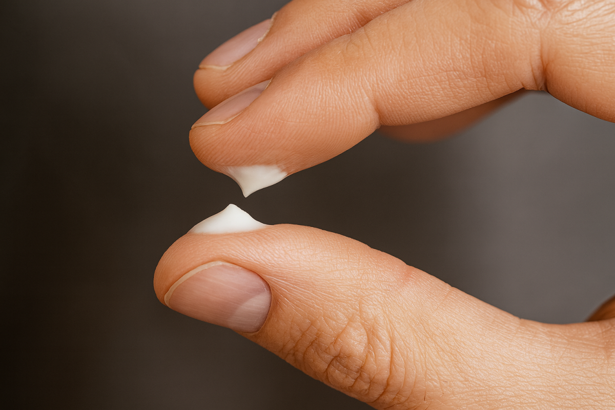 Close-up of fingers holding a small amount of white cream, illustrating the texture of abnormal genital discharge.