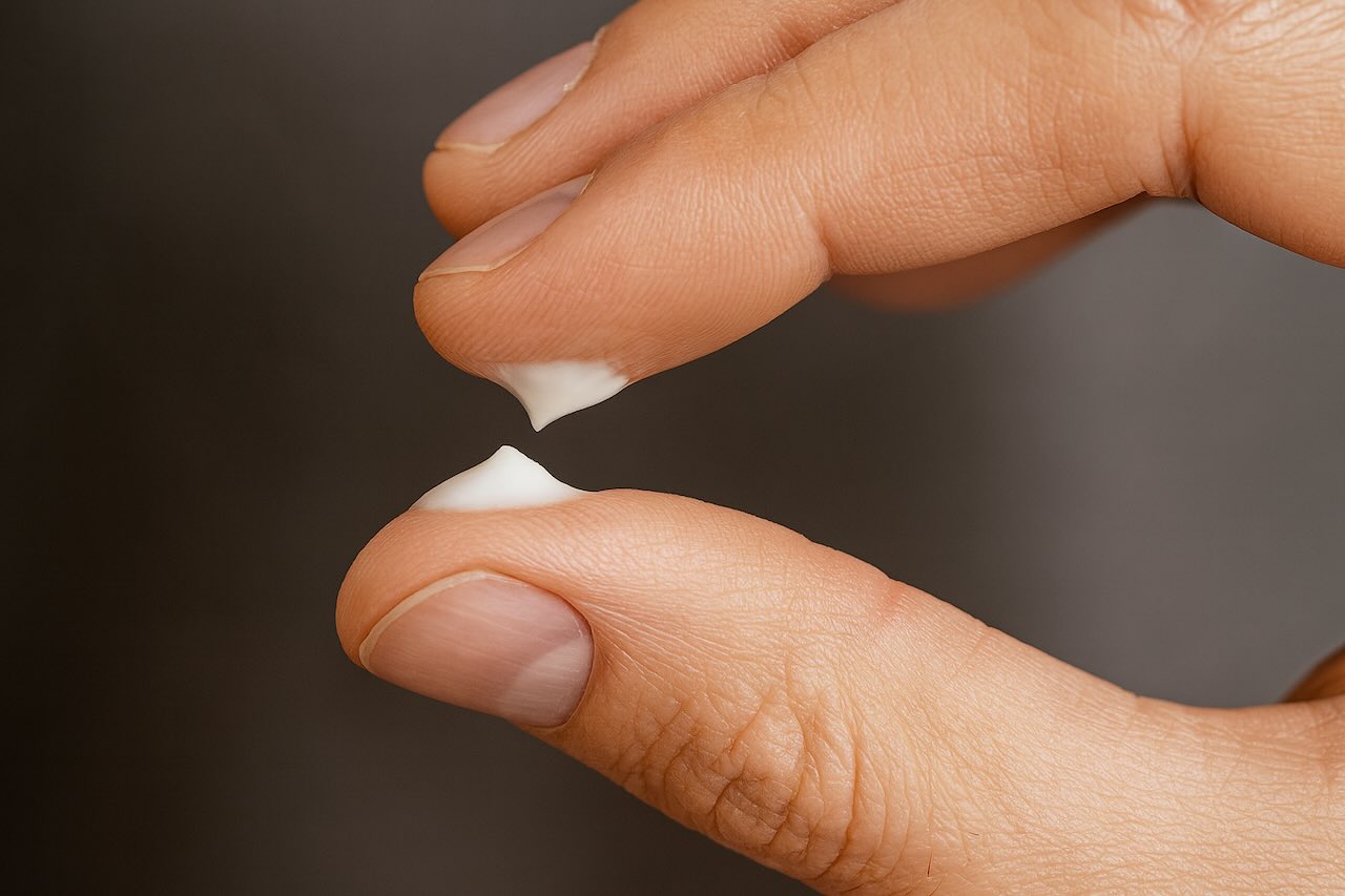 Gambar jarak dekat jari yang memegang sedikit krim putih, menggambarkan tekstur keputihan yang tidak normal.