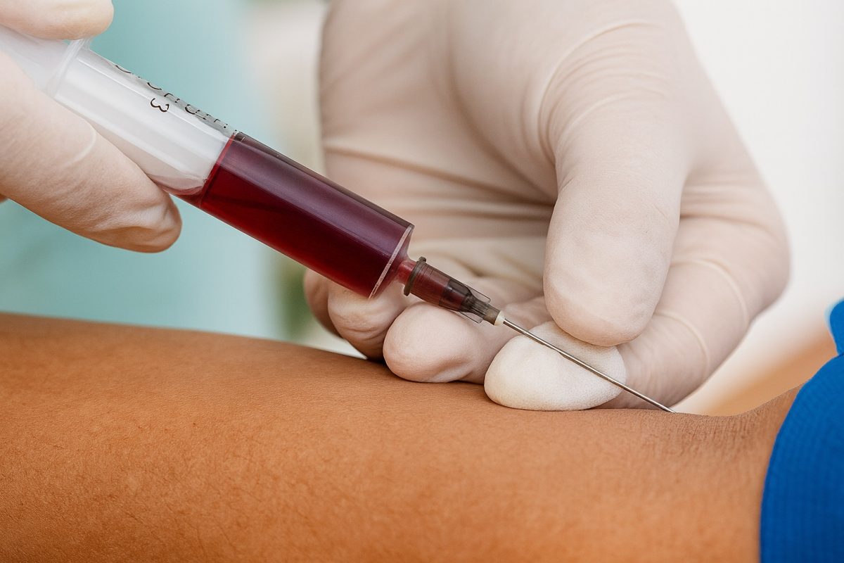 Gloved clinician drawing blood from a patient’s arm for lab tests to diagnose causes of abnormal genital discharge.