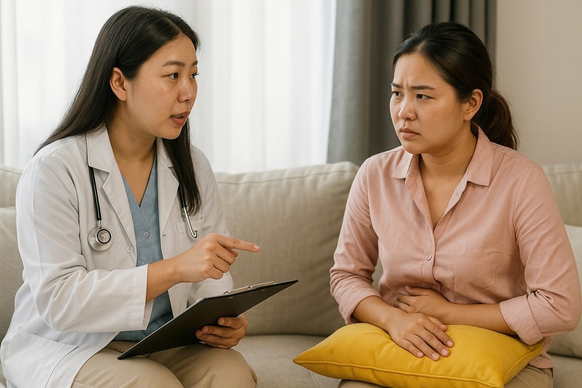 Female doctor discussing symptoms with a woman reporting abdominal discomfort and possible abnormal genital discharge.