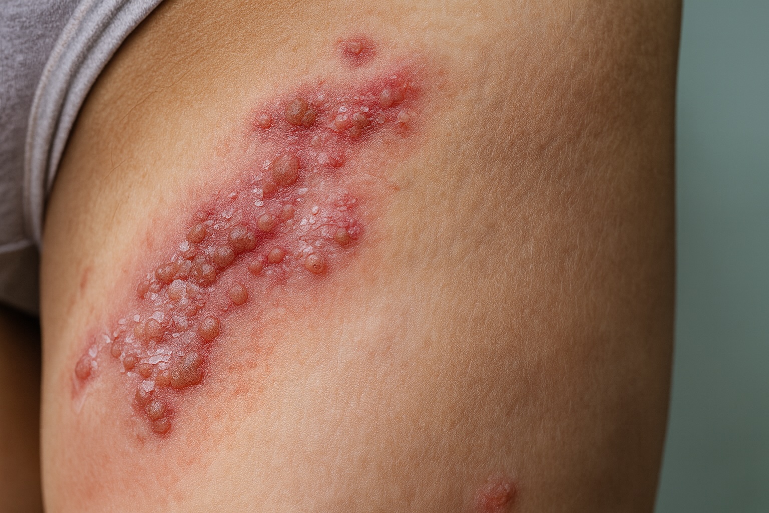 Painful red blisters and grouped fluid-filled lesions on the thigh, resembling a genital herpes flare-up.