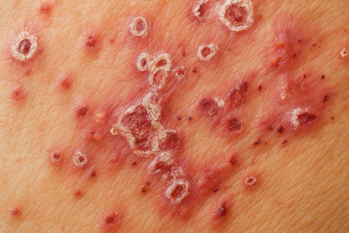 Close-up of clustered red sores and crusted lesions on skin, showing blistered outbreaks typical of genital herpes.