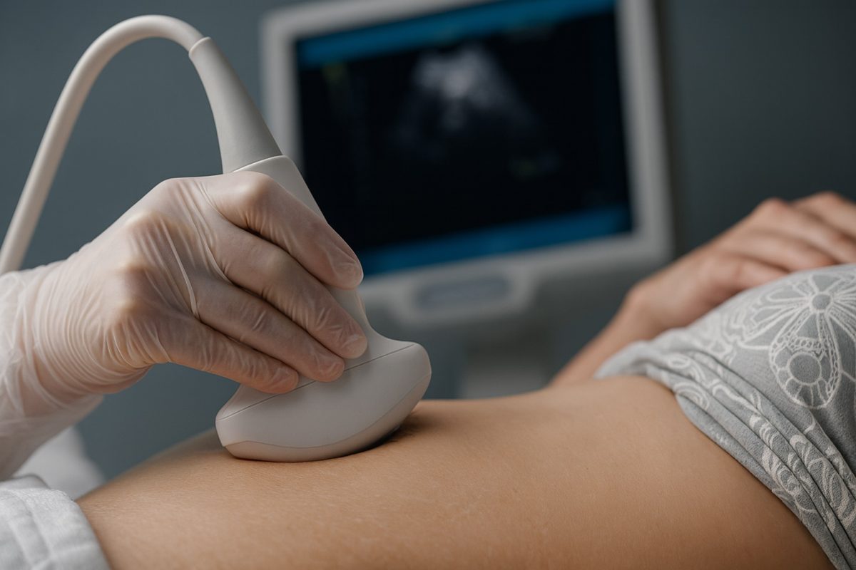 Healthcare provider performing an abdominal ultrasound to assess causes of genital swelling or pelvic discomfort.