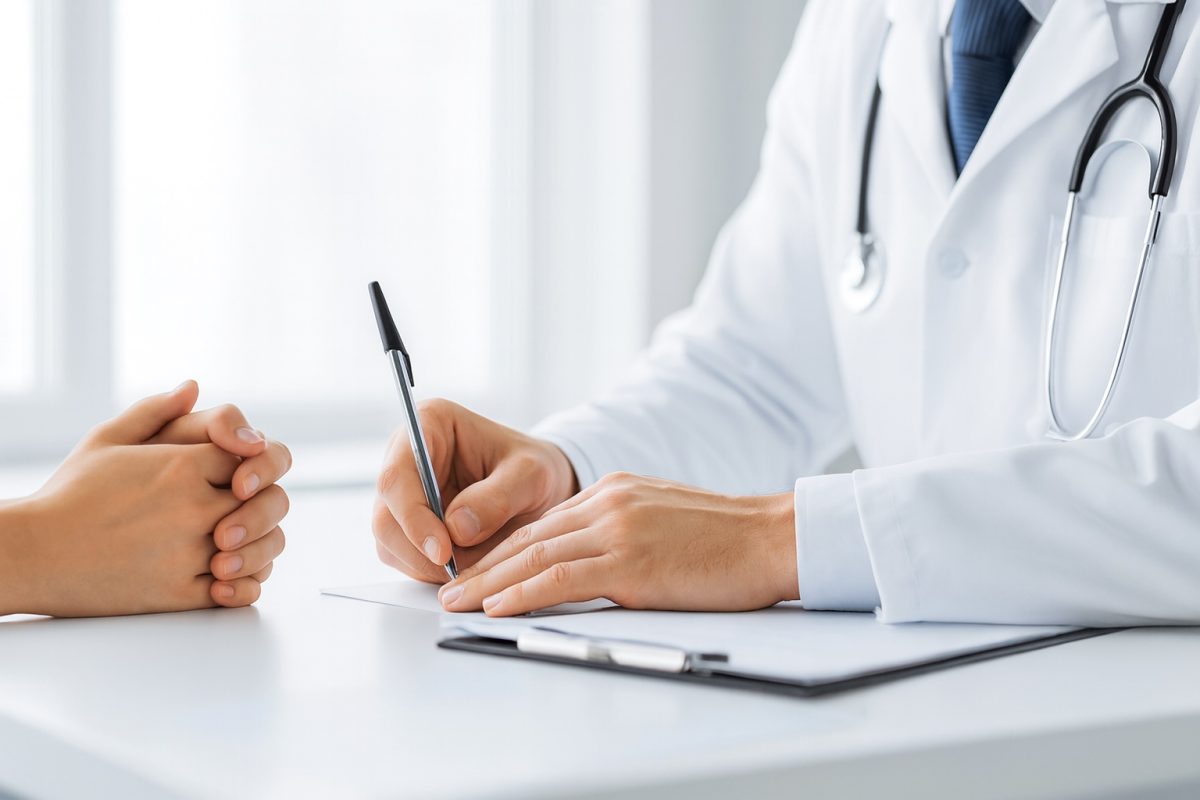 Patient discussing symptoms such as genital swelling with a doctor during a medical consultation.