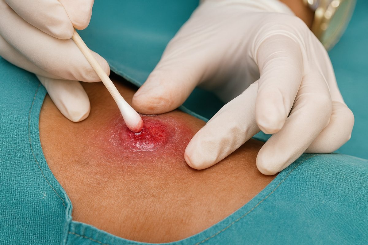 Clinician performing a swab test on an inflamed genital ulcer during a medical examination.