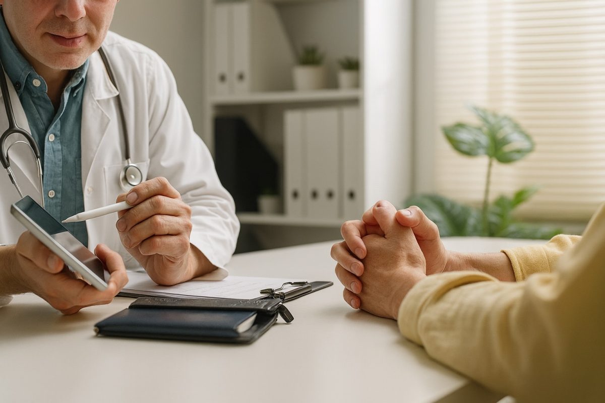 Patient consulting a doctor about symptoms and testing options for suspected genital ulcers.