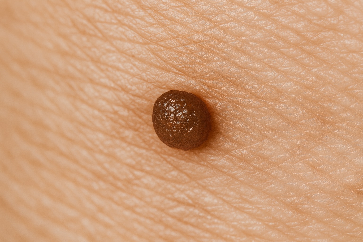 Close-up of a single raised, round wart on skin, similar to a solitary genital wart lesion.