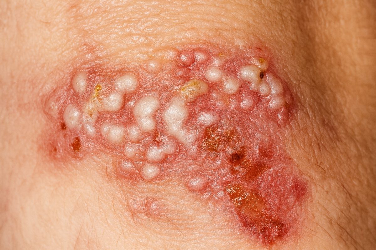 Close-up of irritated skin with clustered lesions resembling advanced genital warts.
