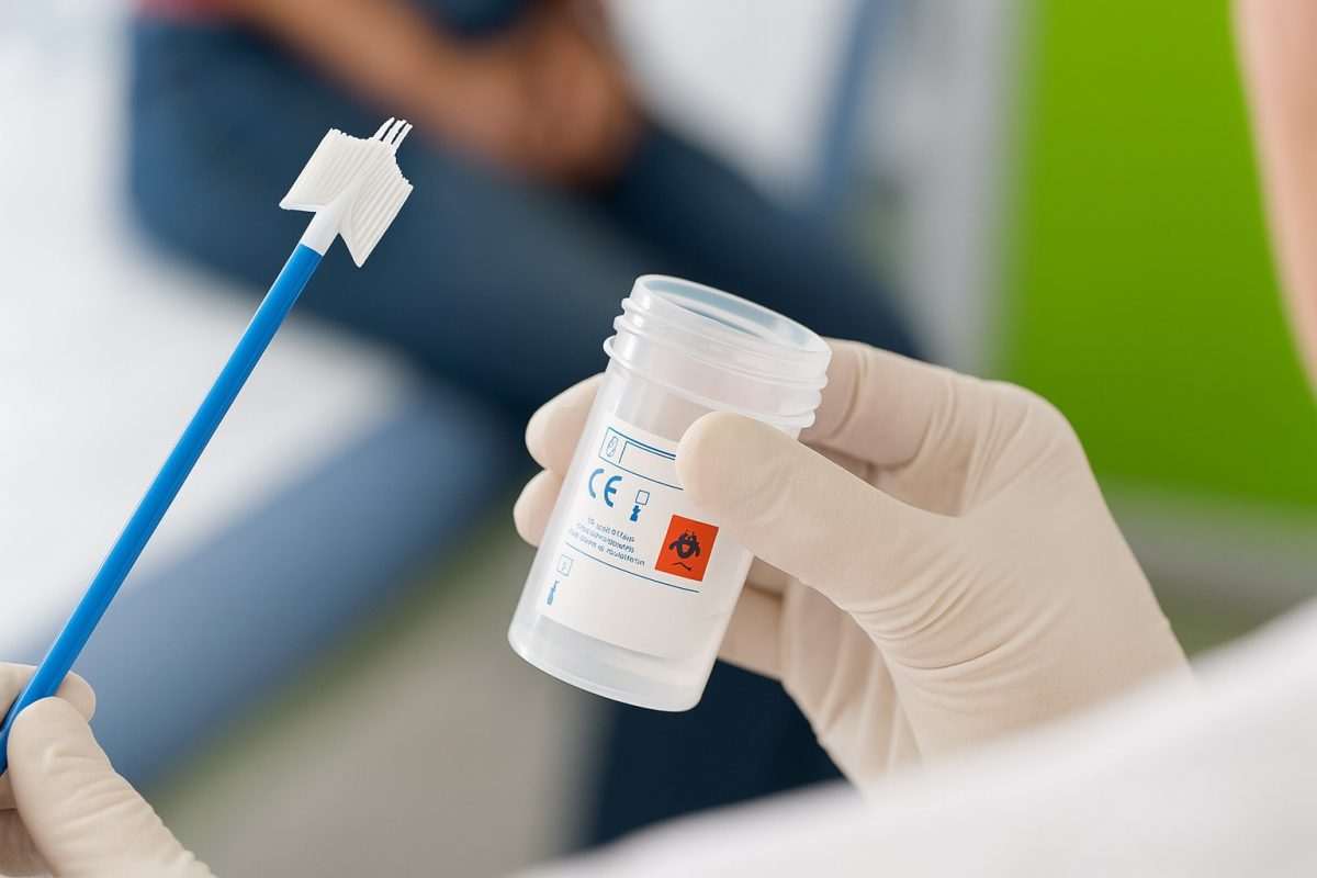 Gloved hands holding a swab and specimen cup used for genital wart testing or HPV screening.