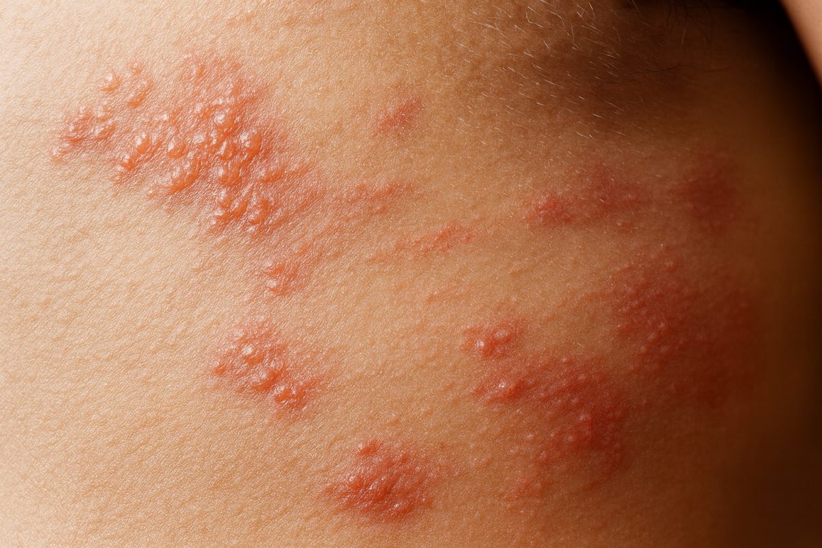 Close-up of red skin rash highlighting possible signs of disseminated gonorrhea affecting the skin.