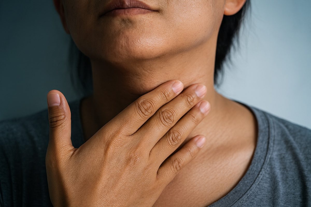 Person touching their throat, illustrating soreness that can occur with pharyngeal gonorrhea infection.