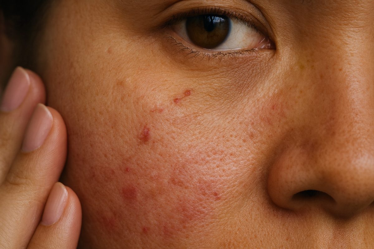 Close-up of irritated facial skin with redness and bumps, a common sign of over-exfoliation damaging the skin barrier.