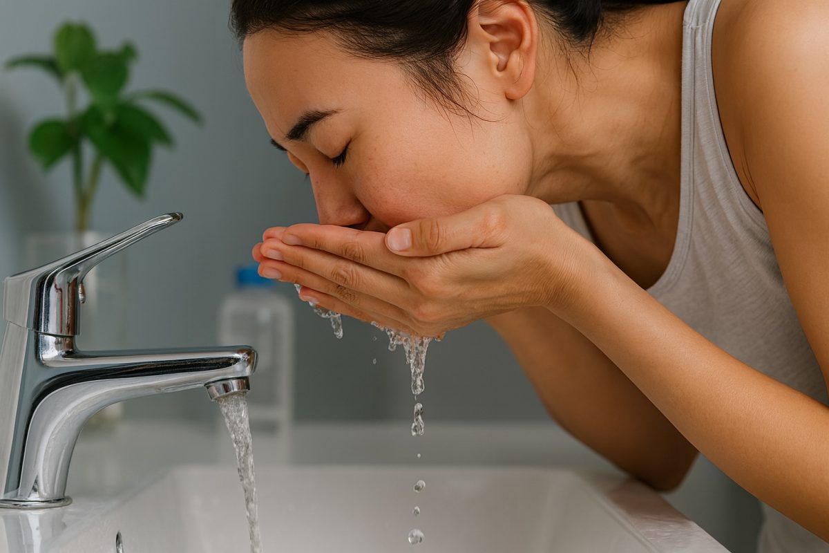 Woman washing her face at a sink, showing how over-exfoliation can cause irritation and the need for a gentler skincare routine.