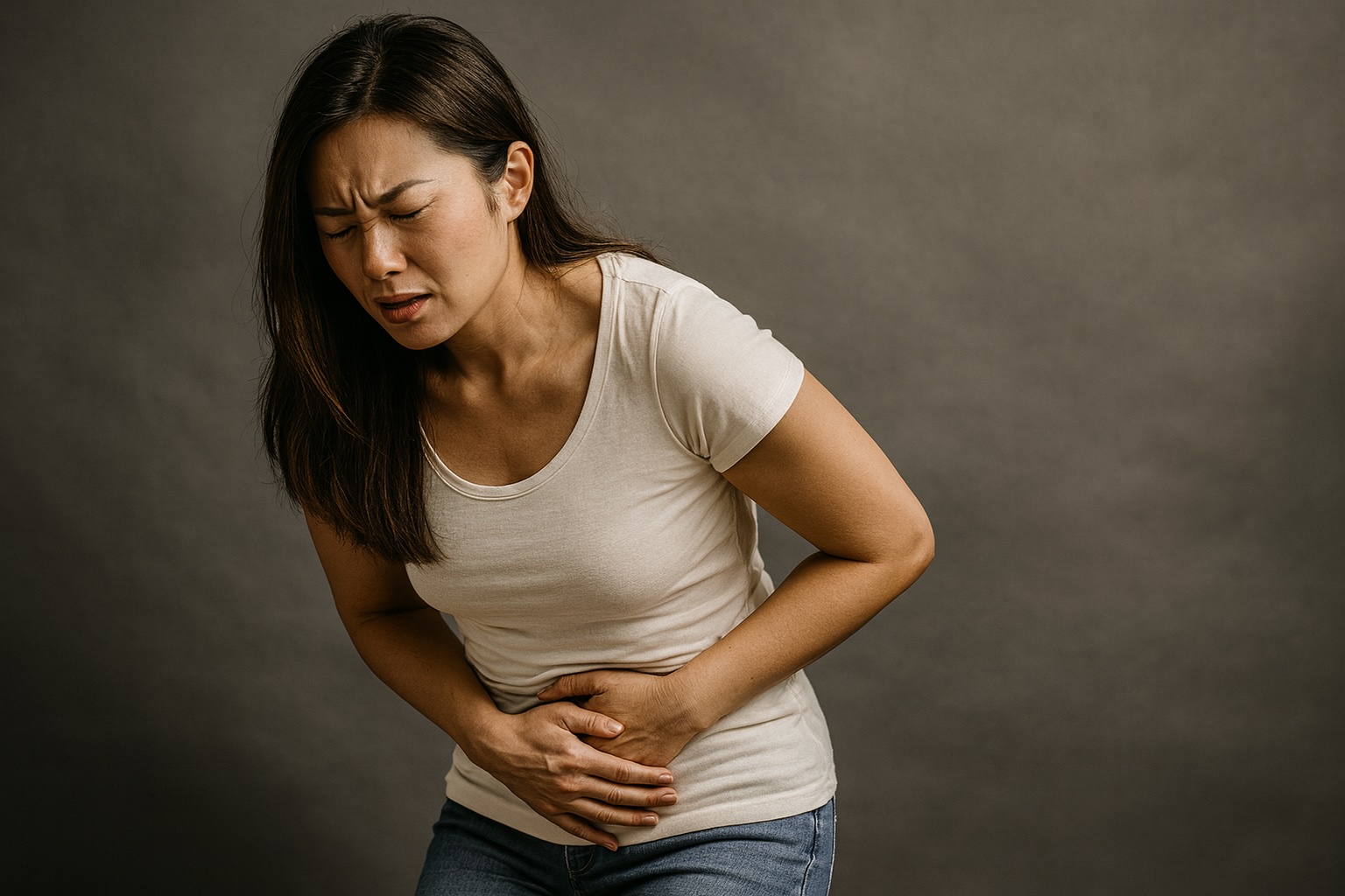 Woman clutching her lower abdomen due to painful urination, a possible symptom of a UTI or sexually transmitted infection.