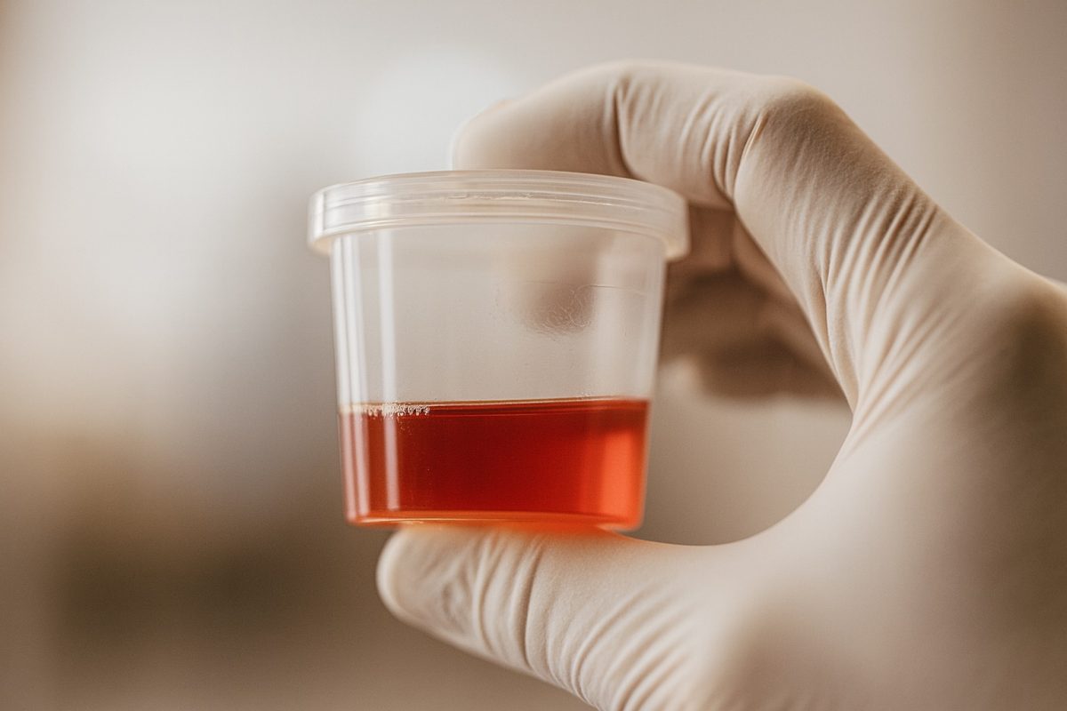 Gloved hand holding a urine sample showing blood, which can indicate infection, kidney stones, or an STI-related complication.