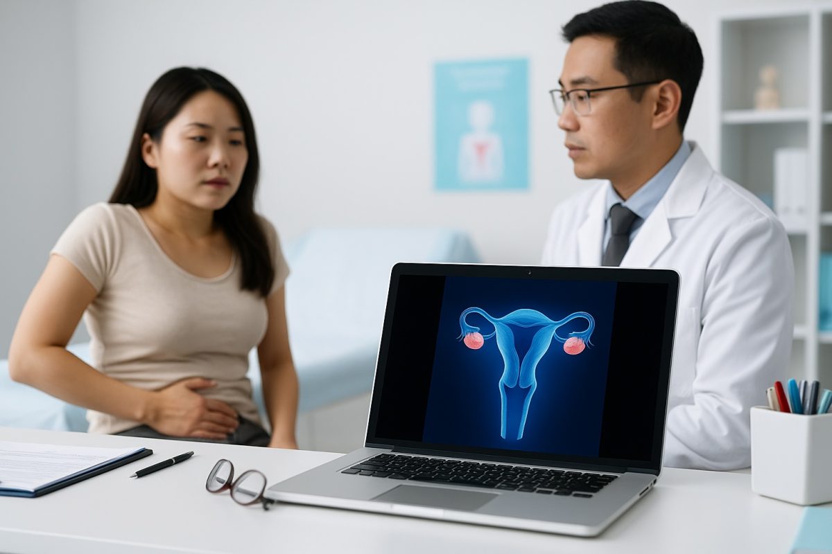 Woman discussing pelvic pain with a doctor during an STD or STI evaluation, with reproductive anatomy shown on a laptop.